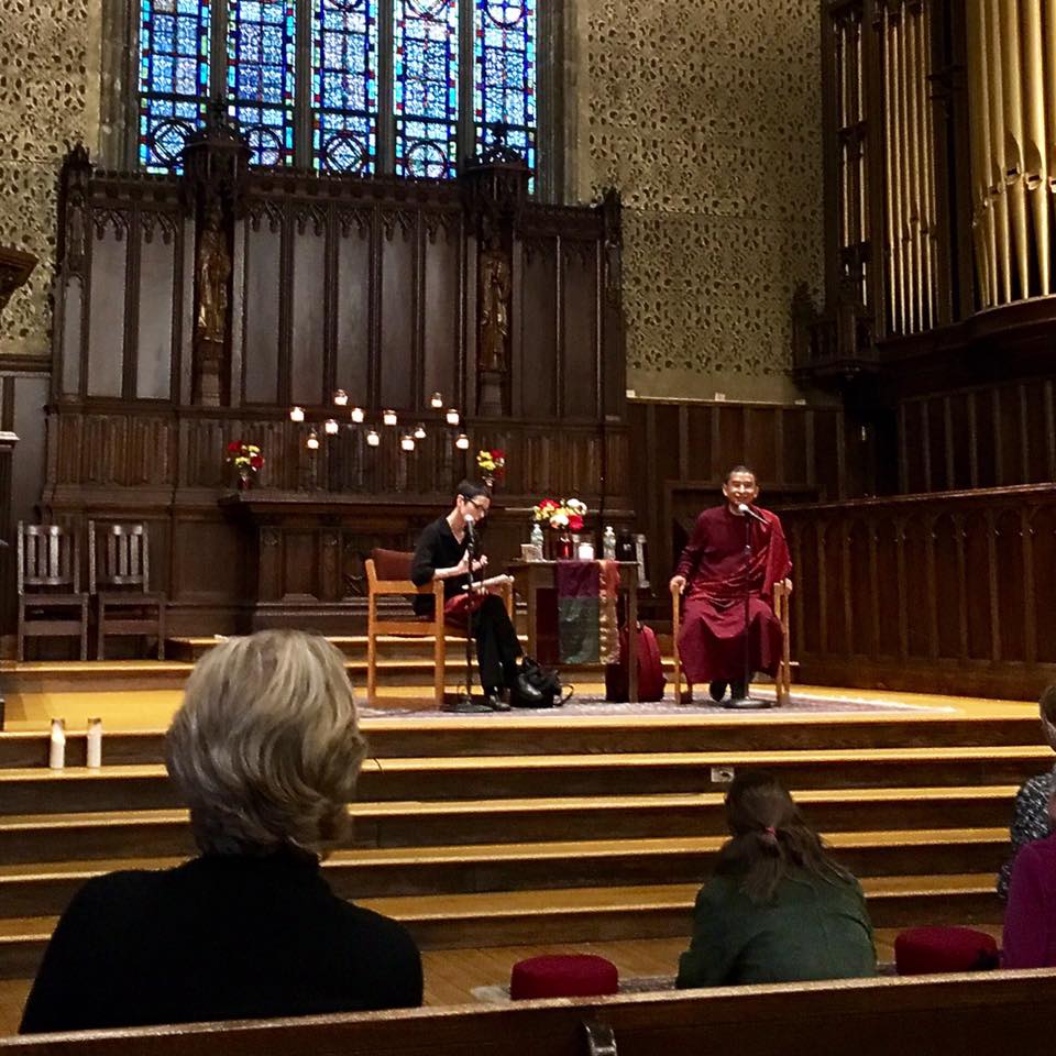 Khenpo Jigme giving a public talk at the Bates College chapel.